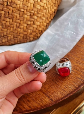 人造素面红宝石 祖母绿戒指夸张方形宝石食指戒指小众时尚