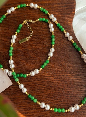 复古国风白绿撞色施家正圆珍珠人造翡翠色石英岩项链毛衣链手链