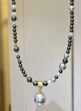 高贵黑灰色仿大溪地水晶珍珠项链锁骨链吊坠