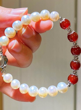 母亲节送礼8-9mm天然淡水珍珠红玉髓设计感项链手链耳钉套装配盒