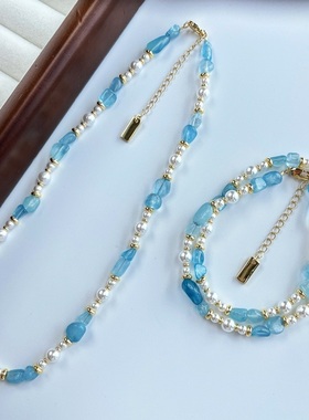 秋冬法式ins正圆高光人造水晶珍珠海蓝宝石项链锁骨链