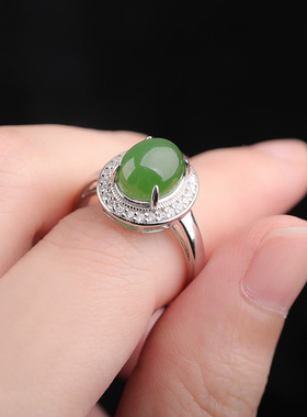 证书碧玉开口可调节女戒古风汉服手饰925银镶嵌和田玉戒指