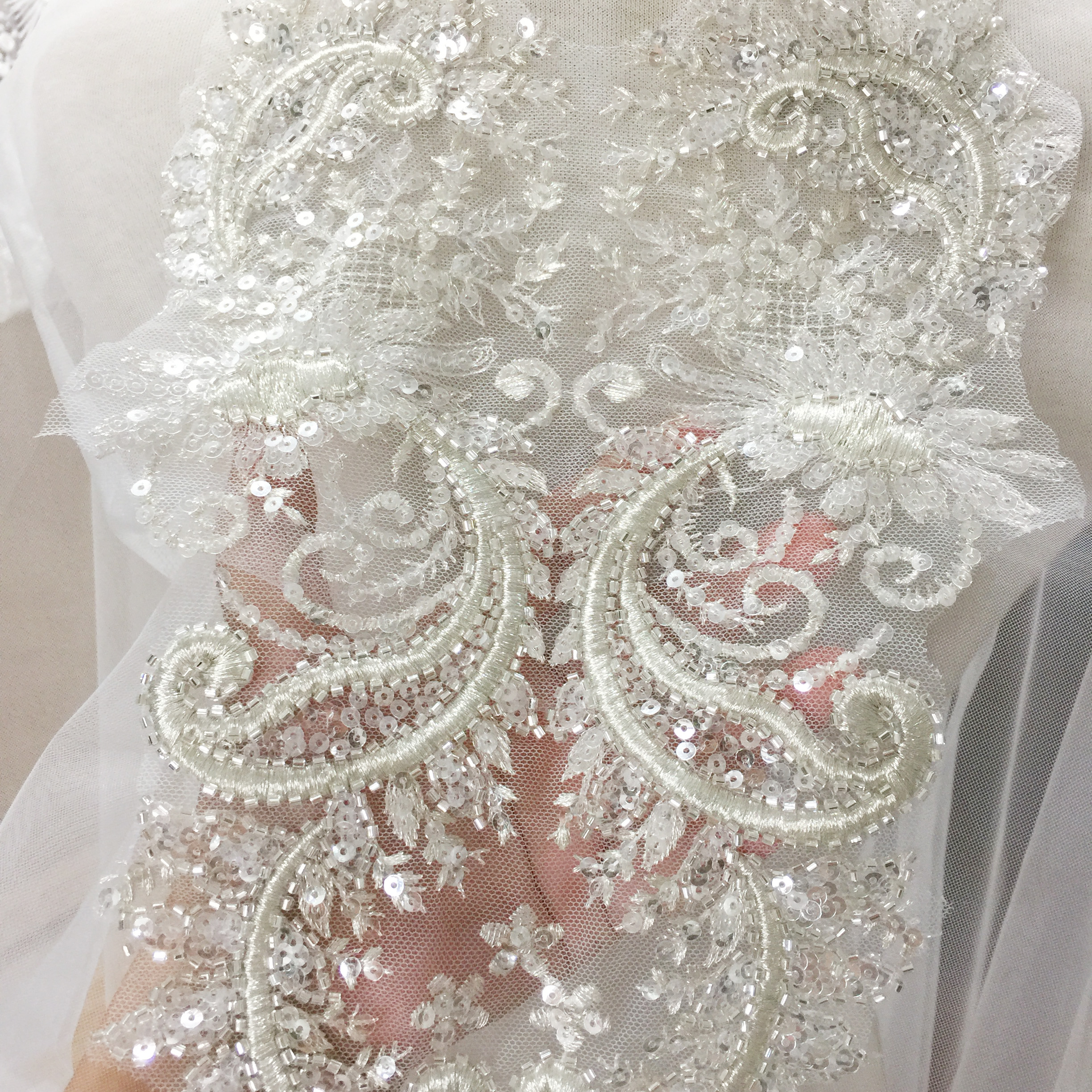 精致外单银线立体钉珠亮片蕾丝贴花  高定婚纱礼服头纱DIY辅料