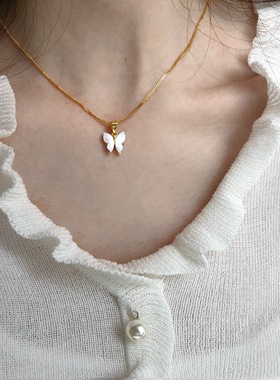 新品蝴蝶控天然白母贝项链