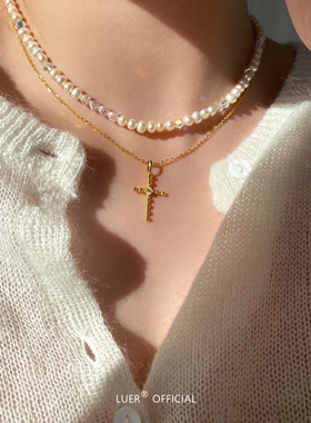 纯银镶钻十字架闪O链项链锁骨链