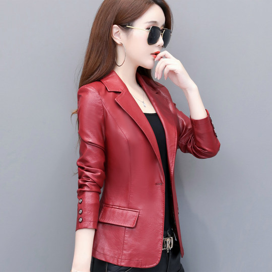 韩版皮夹克外套新款西装领海宁水洗皮女士修身显瘦小个子春秋皮衣