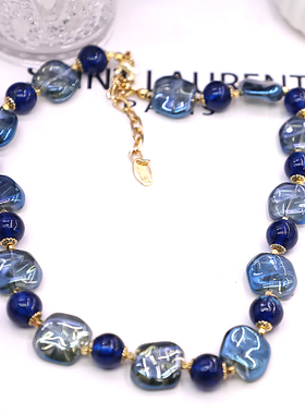 蓝色琉璃珠项链耳环套装