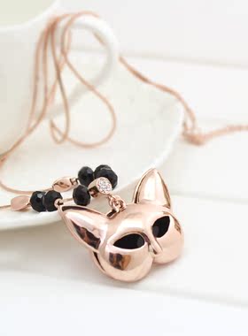 夕瑶饰品金色猫头黑色珠子长款项链毛衣链外衣链