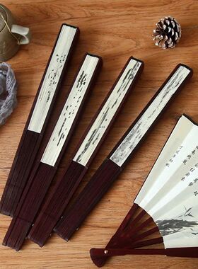 Landscape Silk Folding Fan Chinese Style Bamboo Wood Summer