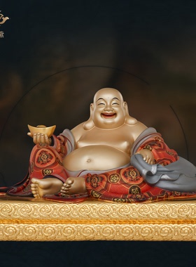 黄铜拿元宝笑佛弥勒摆件寺庙家用供奉招财创意工艺品装饰京铜摆件
