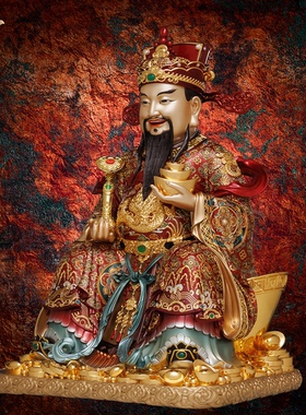 东来紫重工宝相宝祥云如意文财神古法手工铜摆件工艺黄铜装饰摆件