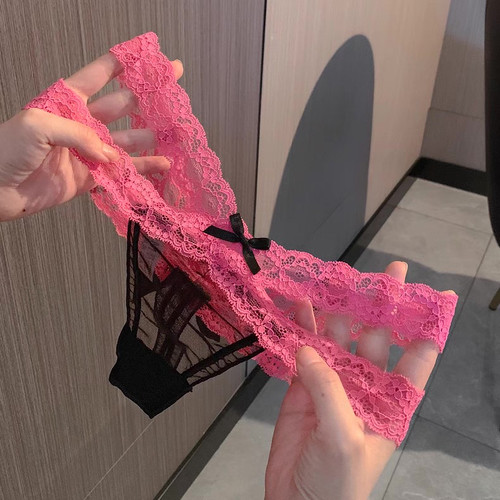 2025新款性感镂空蕾丝丁字裤女低腰微透网纱蝴蝶结三角内裤纯欲风 - 图1