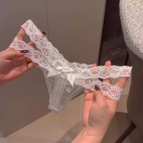 2025新款性感镂空蕾丝丁字裤女低腰微透网纱蝴蝶结三角内裤纯欲风 - 图2