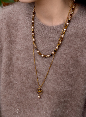 飞鸟屿城「黄昏」原创美拉德施家珍珠虎眼石高级感项链长款毛衣链