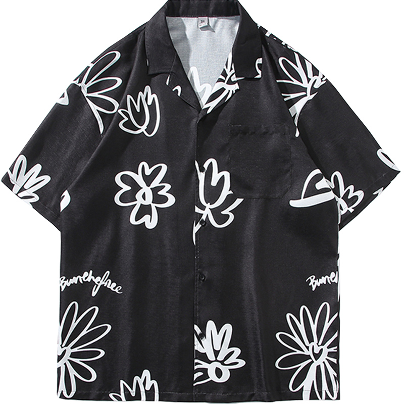 WASSUP夏威夷条纹花短袖衬衫男女西海岸百搭宽松夏季冰丝沙滩衬衣-图3