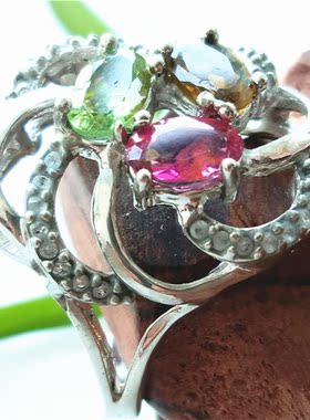 红黄绿碧玺戒指彩色宝石银饰活扣
