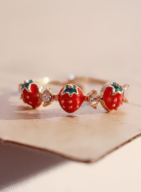 可爱草莓戒指女学生少女心简约潮日韩网K红时尚个性开口指环可调