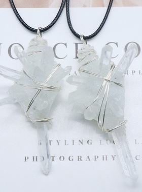 【茜茜珠饰】crystal白水晶柱原石绕丝吊坠树脂胶底座项链 双色