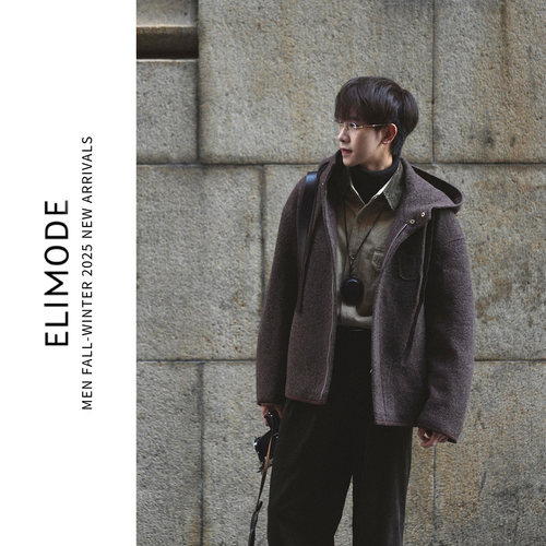 ELI【牧歌】羊驼毛混纺学院风拉链款连帽双面毛呢夹克外套冬季男 - 图0