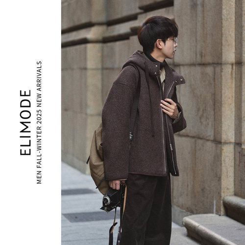 ELI【牧歌】羊驼毛混纺学院风拉链款连帽双面毛呢夹克外套冬季男 - 图2