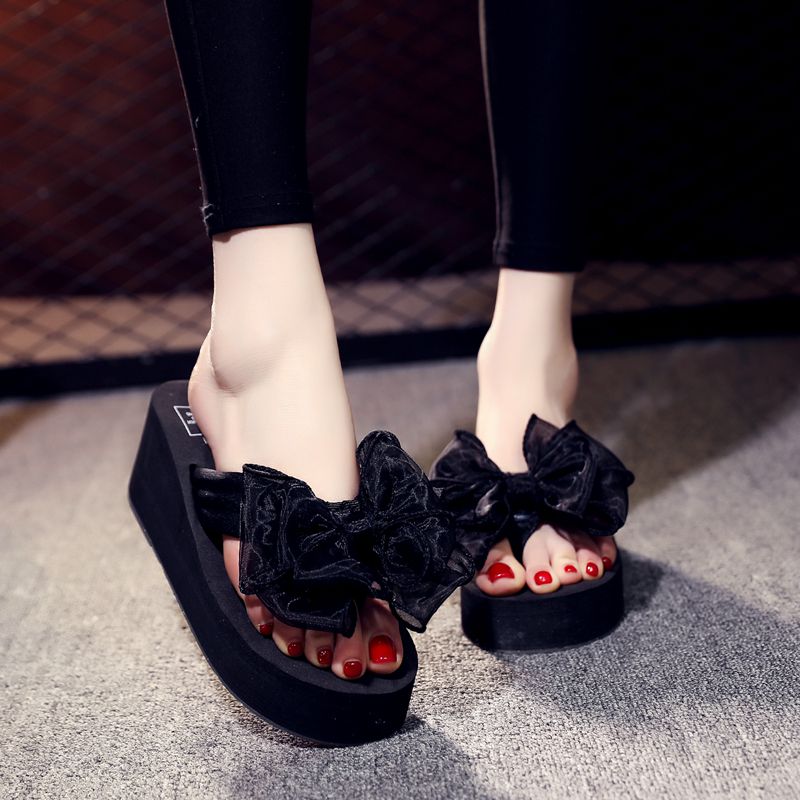 2025新款蝴蝶结凉拖鞋女夏时尚厚底沙滩鞋外穿防滑高跟夹脚人字拖 - 图0