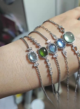 [孤品]天然海蓝宝手链925银镶嵌手链项天青冻手链岫玉绿冰手链