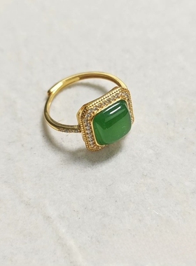 天然和田碧玉方糖活口戒指925银镀18k镶嵌8mm新中式阳绿蛋面冰底