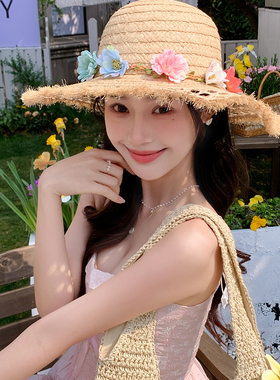 手工编织拉菲草帽女夏海边沙滩拍照七色花大帽檐遮阳防晒太阳帽子
