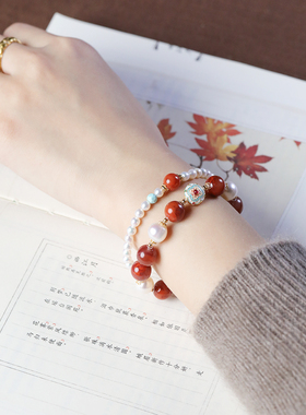 天然南红玛瑙手串女国风珍珠手链