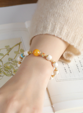 中式国风猛犸牙牙蜜蜡手串女