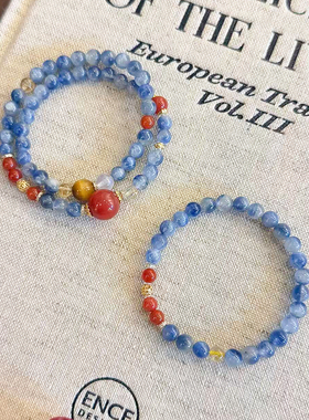 天然蓝晶石手串女金发晶双圈手链