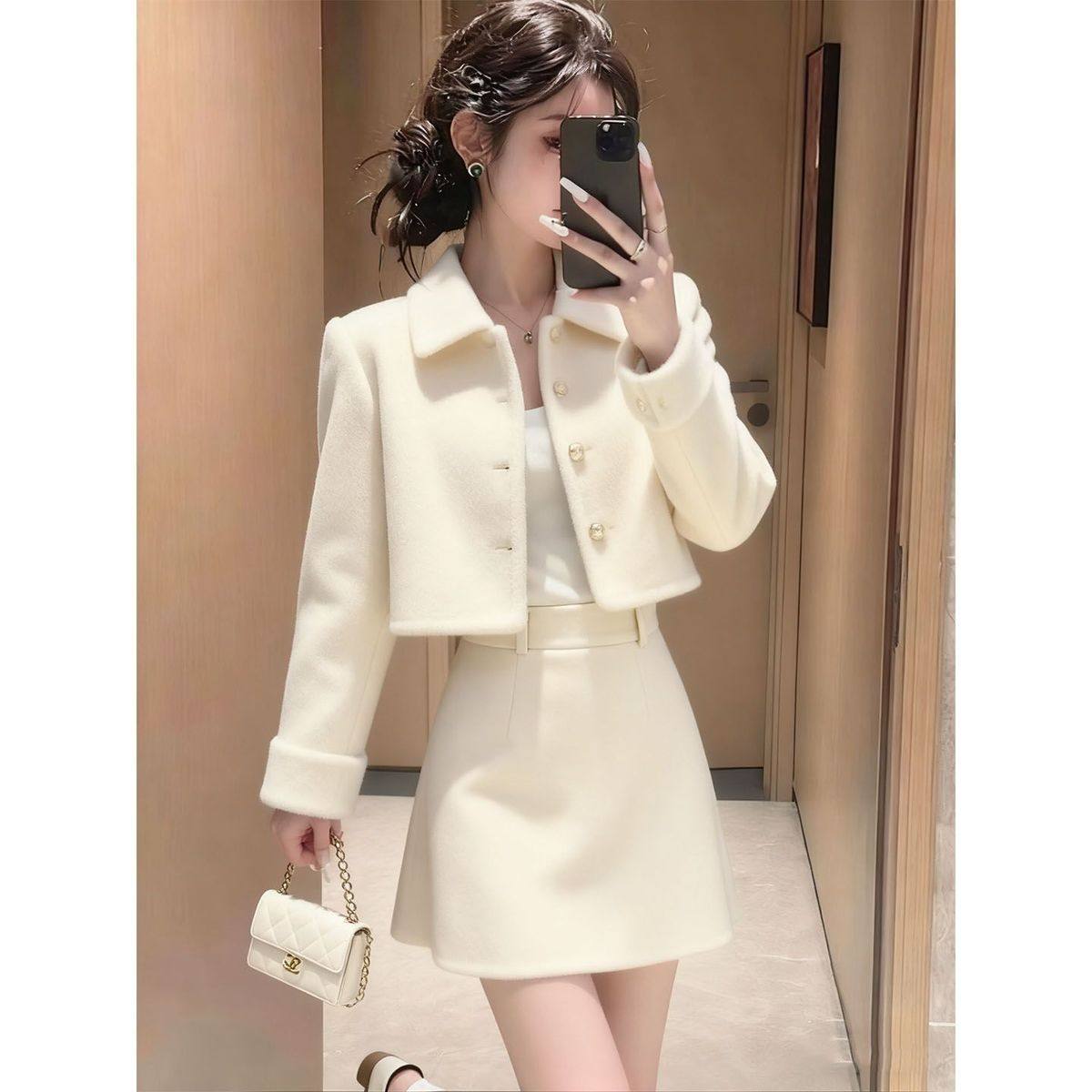 爆款新款白色翻领外套半裙套装女秋冬高级感气质名媛千金风两件套,淘宝优惠券,粉丝福利购,淘宝优惠卷