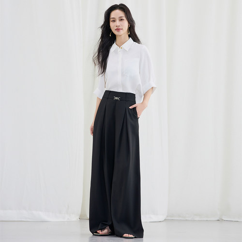 佳人苑休闲裤女2025年夏季新款高腰金属腰袢阔腿休闲裤都市通勤 - 图2
