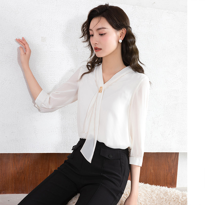 佳人苑2022秋季新款v领飘带衬衫 佳人苑衬衫