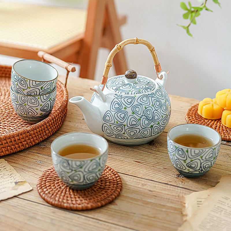 创意北欧日式田园风格家用可爱手绘釉下彩陶瓷提梁茶壶具杯子套装,淘宝优惠券,粉丝福利购,淘宝优惠卷