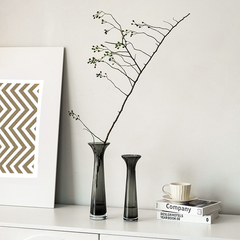 现代简约ins风 小口长颈竖条纹透明灰色玻璃花器单枝水养花瓶摆件,淘宝优惠券,粉丝福利购,淘宝优惠卷