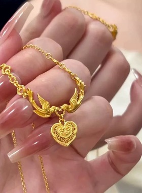 喜鹊心形项链仿真黄金古法传承沙金色新中式婚嫁首饰国风结婚三金