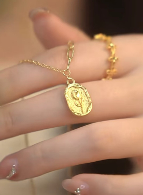 郁金香花牌沙金项链女仿真黄金玫瑰花周家同款锁骨链久不掉色颈链