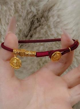五路黄财神金币沙金红绳手链