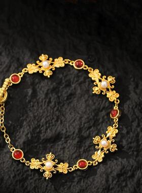 镶嵌珍珠沙金花丝手链女金店同款凤熹手串复古华丽不掉色通勤气质