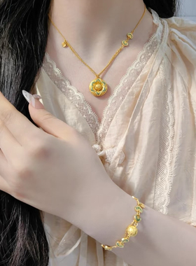 宝相莲境沙金项链仿真黄金四瓣花纹手链新中式敦煌风菱格轻奢套装