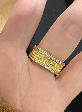 花丝点钻戒指闪耀满圈镶钻沙金指环仿真黄金新中式古法轻奢高级感