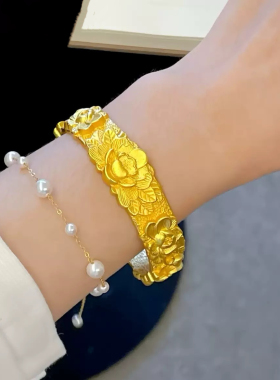 牡丹花沙金手镯仿真黄金实心轮胎新中式金店同款莲花镯子女款礼物