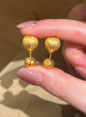 双珠小金球耳钉中古拉丝雷射星芒仿沙金黄金色贵气轻奢高级感耳饰