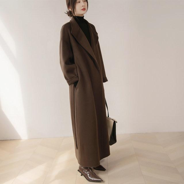 Brown long stand collar wool double-sided woolen coat for women