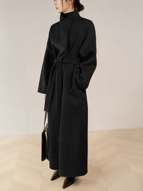 Hepburn style stand collar extra long double-sided black coat