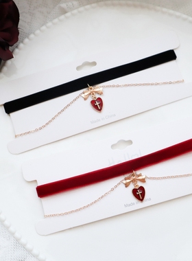 女童新年红色丝绒项链宝宝爱心吊坠蝴蝶结项圈颈带锁骨链颈链配饰