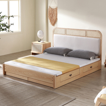 Nordic rattan chic solid wood bed minimalist master bedroom 1 8 m 1 5m storage high box day style log double bed economical type