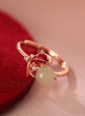 925镀银玉见锦鲤戒指新年本命年素圈食指戒女过年开口戒