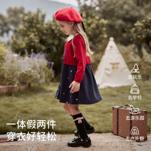 戴维贝拉女童连衣裙儿童秋季假两件针织公主裙小女孩生日裙子童装 - 图3